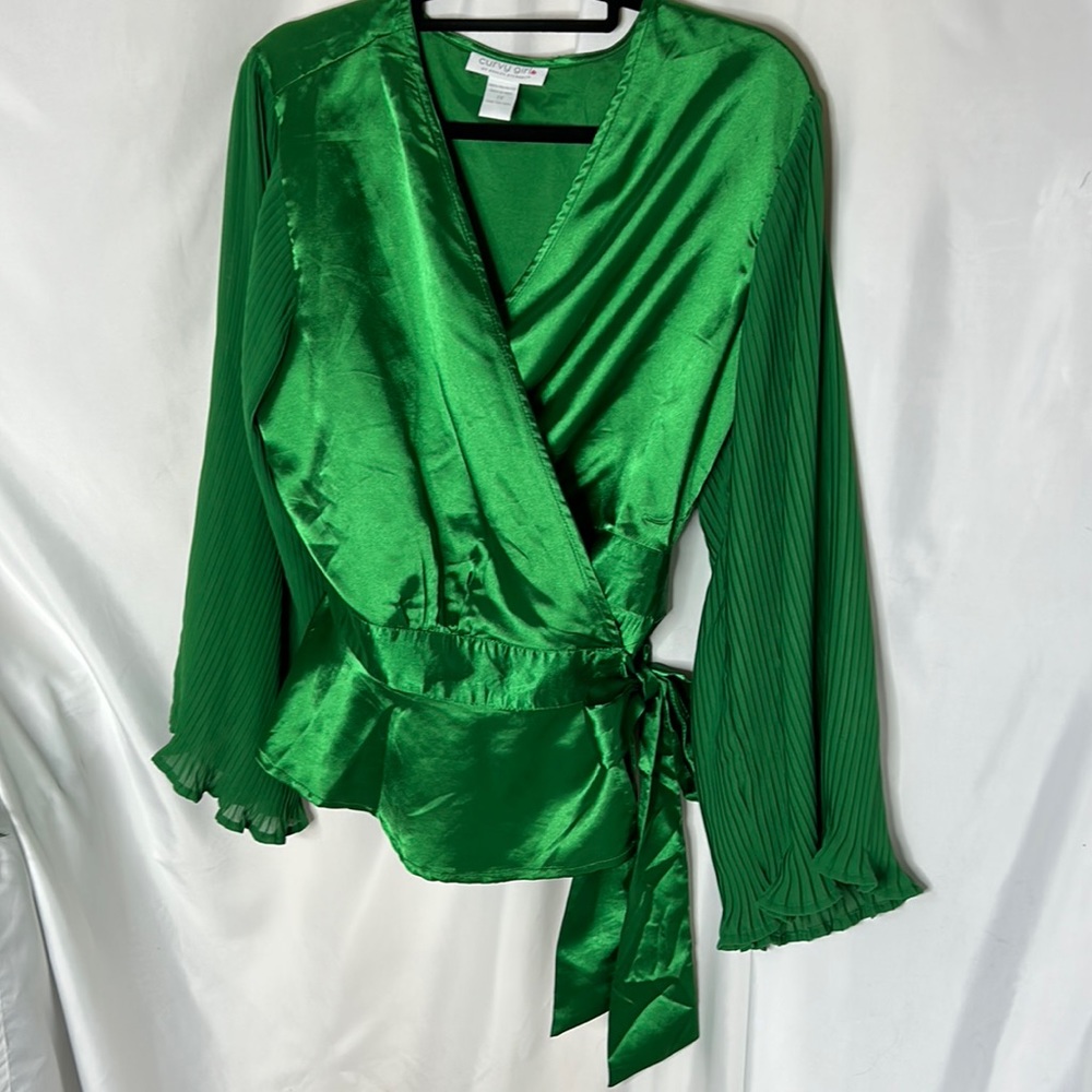 Ashley Stewart Emerald Green Satin Wrap Blouse